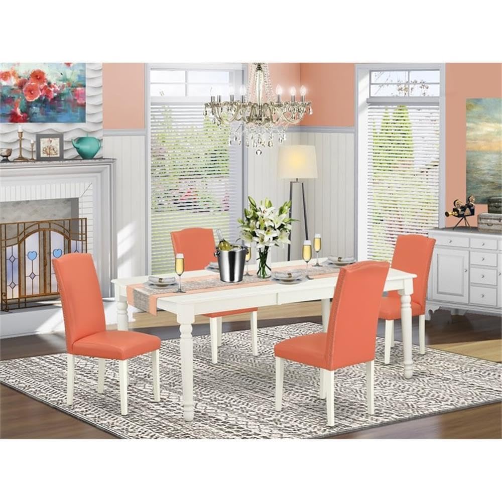 East West Furniture Doen5-Lwh-78 5 Piece Dining Table Set For 4 Includes A Rectangle Kitchen Table With Butterfly Leaf And 4 Pink Flamingo Faux Leather Parson Chairs, 42X78 Inch, Linen White